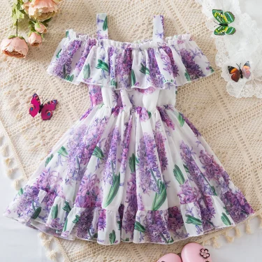 New Suspend Dress for Girls Print Dress Elegant Children Summer Casual Clothes Chiffon Kids Flower Tutu Princess Dresses 2