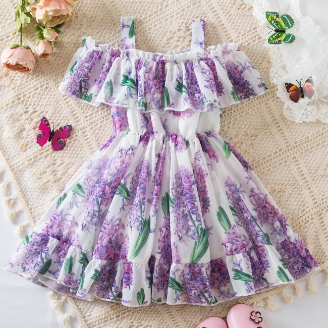 New Suspend Dress for Girls Print Dress Elegant Children Summer Casual Clothes Chiffon Kids Flower Tutu Princess Dresses 2