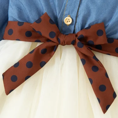 Spring Long Sleeved Dress Girl Denim Blue Dress Fake Two Pieces Tutu Dress For Kids Send Bow Belt 4