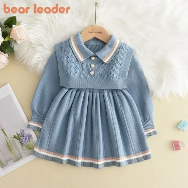 Bear Leader Autumn Winter Girls Sweater Long Sleeve Dress Vest Stripe Party Girl Baby Retro Knitted Wool Dress Casual Vestidos 1