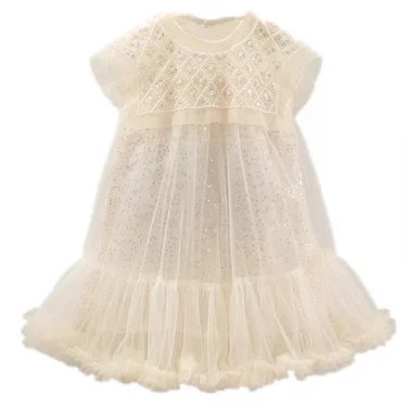 New Girls Princess Dress Casual Spring Summer Children's Wear Korean Pearl Neck Princess Dress Fashion Yarn Dress 6