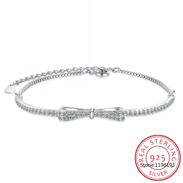 Real 925 Sterling Silver Bowknot Bracelet for Women Shiny Zircon Tennis Hard Bracelet Homme Wedding Party Jewelry Gifts 3