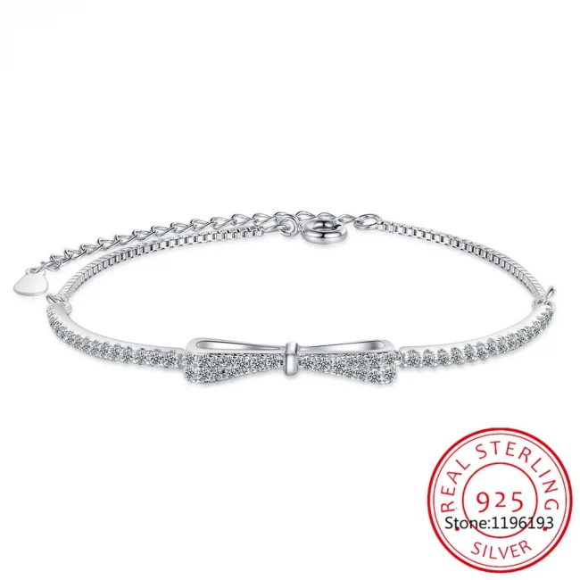 Real 925 Sterling Silver Bowknot Bracelet for Women Shiny Zircon Tennis Hard Bracelet Homme Wedding Party Jewelry Gifts 3