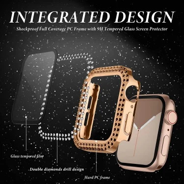 Cover For Apple watch Case 45mm 41mm 44mm 40mm 38mm 42mm Diamond Tempered Glass Screen Protector iWatch series 9 7 SE 6 8 5 4 3 2