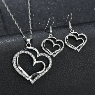 Exquisite Double Heart Necklace Earrings Bracelet Jewelry Set Charm Ladies Jewelry Fashion Bridal Accessory Set Romantic Gifts 6