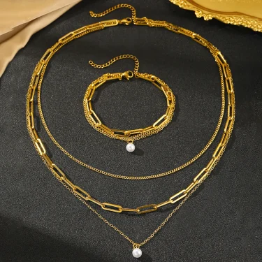Stainless Steel Jewelry Set Elegant Delicate Pearl Pendant Jewelry Set Luxury Multi-Layer Chain Jewelry Set For Women Jewelry 3