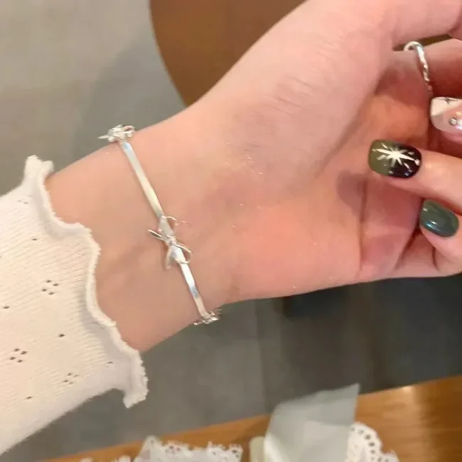 LATS Fashion Sweet Bow Bracelets for Women Girls Sparkling Delicate Ribbon Bowknot Snake Bones Chain Bracelet Party Jewelry Gift 2