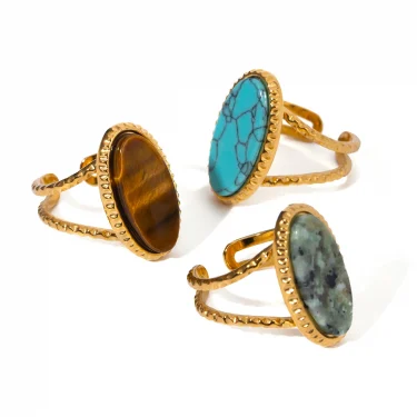18K Gold Plated Stainless Steel Oval Natural Stone Adjustable Opening Ring ​​Women Charms Metal Texture Waterproof Jewelry 2