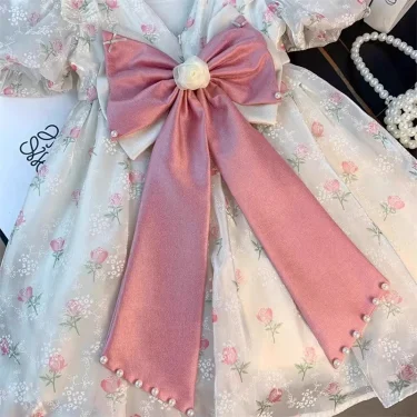 2 3 4 5 6 8 Years Girls Princess Dress Summer New Full Print Flowers Puff Sleeve Bow Mesh DresseTutu Birthday Party Gown 2