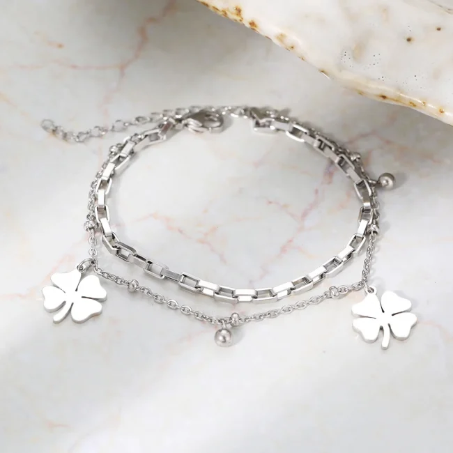 Stainless Steel Bracelets Trendy Fine Bell Clovers Pendant Beads Layer Chain Fashion Bracelet For Women Jewelry Festival Gifts 6