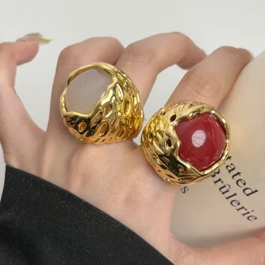 XIALUOKE Vintage Metal Geometric Hollow Round Natural Stone Ring For Women Personality Open Ring Party Wedding Jewelry 5