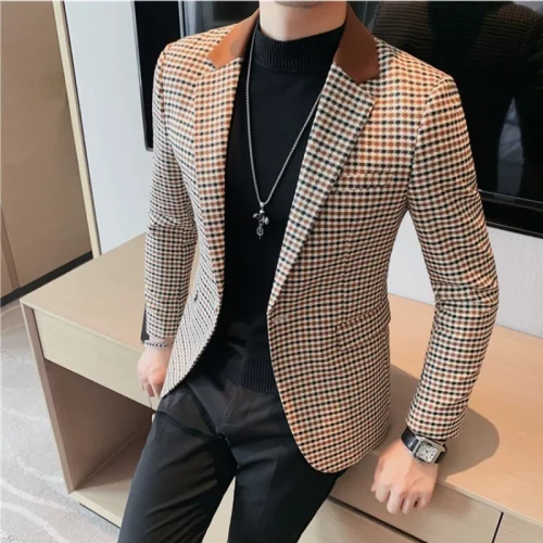 2025 Autumn Winter Korean Houndstooth Blazer Jackets Fashion Color Matching Lapel Design Casual Men's Plaid Suit Coat Tuxedo 1