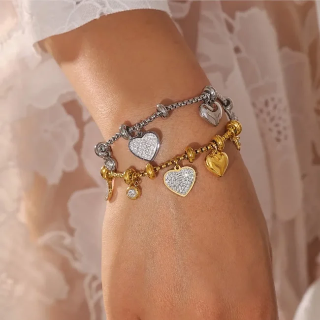 316L Stainless Steel Heart Charm Bracelets For Women 18k Gold Plated Various Pendants With Shining Zircon Women's Hand Bracelet 4