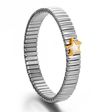 Gold Color Stainless Steel Elastic Bracelet Bangle for Women Men Inlaid Shell Star Heart Bracelet Classic Watch Chain Jewelry 6