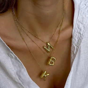 LATS Gold Plated Metal Chunky Alphabet Balloon Bubble Initial Letter Pendant Necklace for Women Men Boy Fashion Jewelry 5