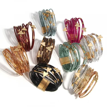 ALLYES Trendy Love Heart Wrap Leather Bracelets for Women Multilayer Glitter Filled Slim Strips Bangle & Bracelet Party Jewelry 6