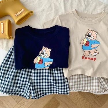 Short Sleeve Tshirt+Plaid Shorts 2 Piece/Set Kids Cartoon Print Short Sleeve Tracksuits For Boys And Girls Cute Summer Clothing 1