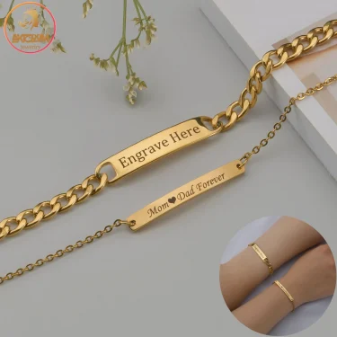 Akizoom Punk Engrave Name Custom Bracelets Gold Color Stainless Steel Thick Hand Chain Customized Couple Men Women Jewelry Gift 1