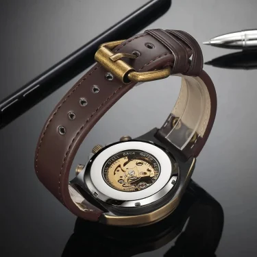 Bronze Retro Skeleton Automatic Mechanical Watch for Men Luminous Hand Brown Genuine Leather Belt Luxury Brand Steampunk Watches 6