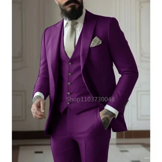 Latest Solid Formal Men's Suit Slim Fit Elegant Groom Tuxedos Wedding Business Party Suits 3 Pieces Sets (Jacket+Vest+Pants) 5