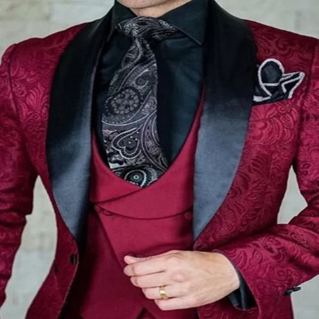 Costume Homme Jacquard Men Suits Shawl Lapel Business Wedding Tuxedos Slim Fit Groom Blazer Vest Pants for Prom Party 3 Pieces 3