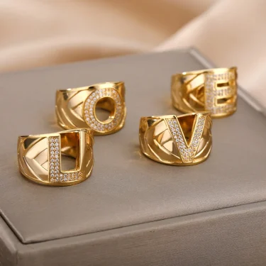 Chunky Wide Zircon Initial Letter Rings For Women Stainless Steel Opening Finger Ring Hip Hop Minimalist Jewelry Gift Femme 6
