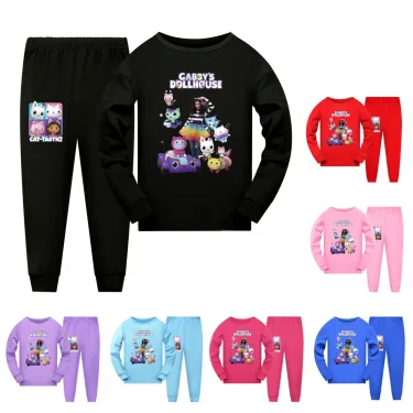 Gabby Doolhouse Pijama Kids Cartoon Gabby Chat Clothes Baby Girls Long Sleeve Tops Pants 2pcs Sets Children's Casual Sleepwear 6