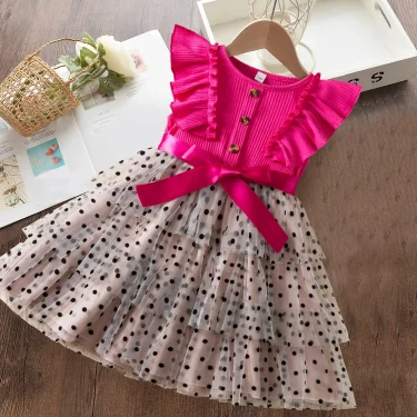 Baby Girl Ruffles Sleeves Knitted Dress Kids Polka Dot Mesh Dress Girl Princess Cake Dress Kid Elegant Black Dress For 2-6 Years 3