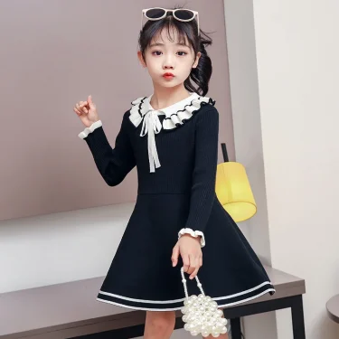 New girl baby sweater knitted dress children warm Sweater dress for girls infant casual pure color Pleated princess dress 6