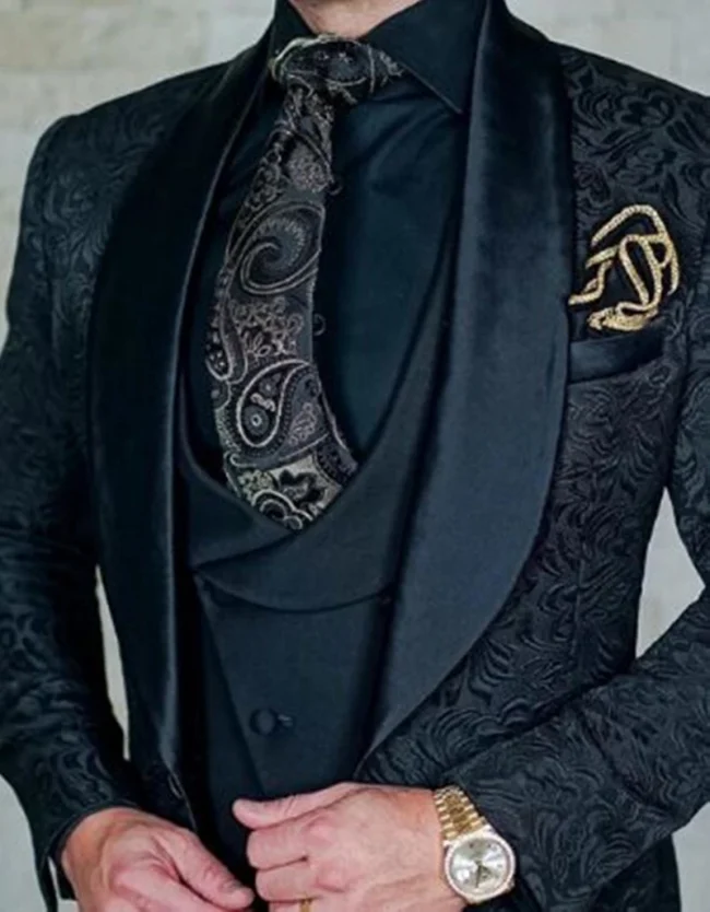 Costume Homme Jacquard Men Suits Shawl Lapel Business Wedding Tuxedos Slim Fit Groom Blazer Vest Pants for Prom Party 3 Pieces 1