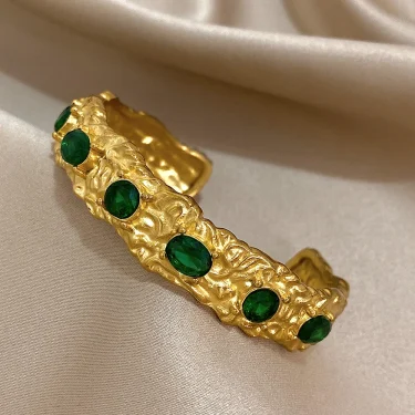 Vintage Green Zircon Stainless Steel Cuff Bracelet Chunky Geometric Textured Gold Plated Waterproof Open Bangles Jewelry Gifts 3