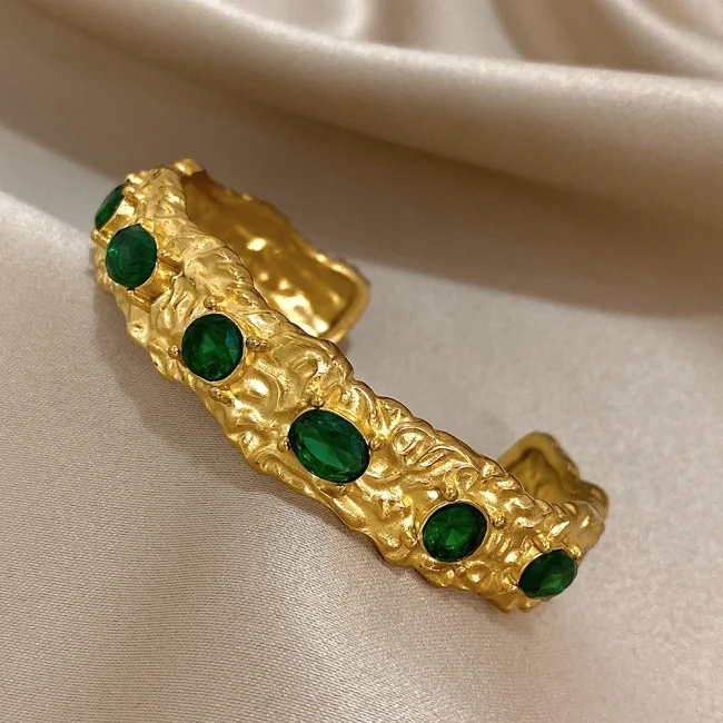 Vintage Green Zircon Stainless Steel Cuff Bracelet Chunky Geometric Textured Gold Plated Waterproof Open Bangles Jewelry Gifts 3