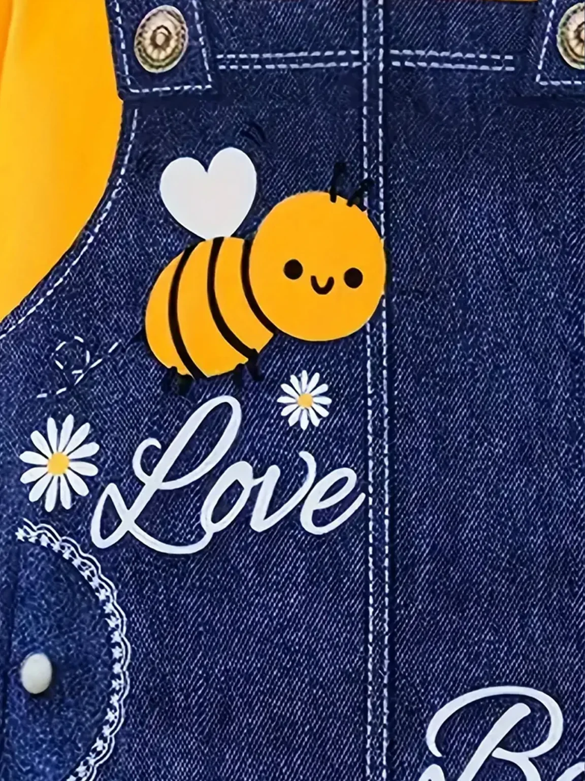 Cute Bee Print Suspender Spliced Dress For Girls, Round Neck Long Sleeve Casual Dress 5