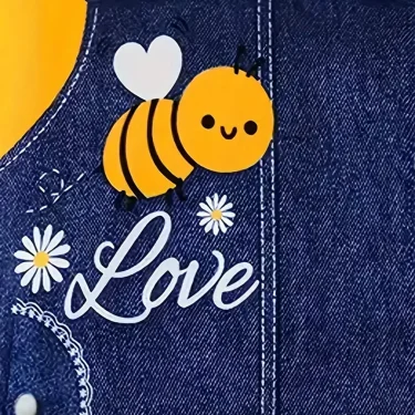 Cute Bee Print Suspender Spliced Dress For Girls, Round Neck Long Sleeve Casual Dress 5