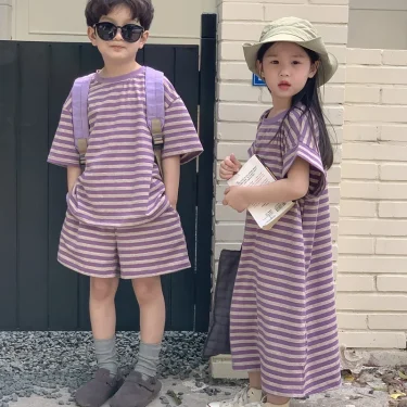 MILANCEL Summer Kids Clothing Set Striped Tee And Shorts Boys Casual Suit Girl Long Dress Brother And Sister Clothes 2