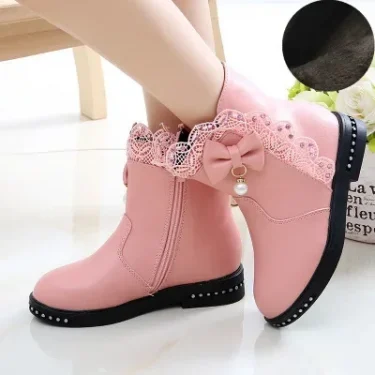 Girls Princess Boots Kids Ankle Boots Lace with Bow-knot Sweet Warm Cotton Children Rubber Boots Fur Lining Snow Boots Shoes New 6