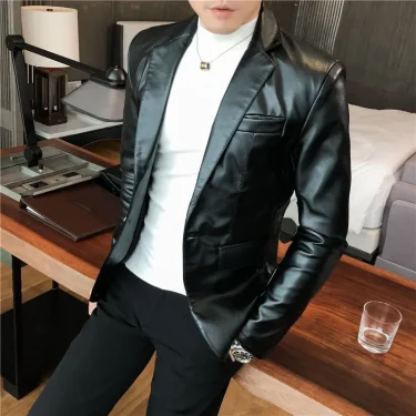 Blazer Hombre PU Leather Jackets Men Fashion Solid Slim Fit One Button Business Casual Blazers For Men Korean style Suit Jacket 1