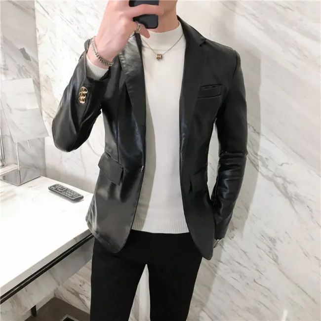 Blazer Hombre PU Leather Jackets Men Fashion Solid Slim Fit One Button Business Casual Blazers For Men Korean style Suit Jacket 2