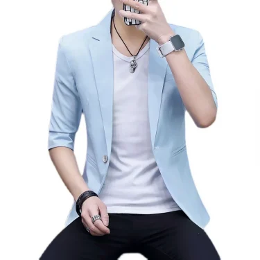Summer Silk Smooth Solid Color Jacket Blazers 3/4 Sleeve Suit Formal Dress Youth Medium Sleeve Suit Male Slim Korea Style Suit 5