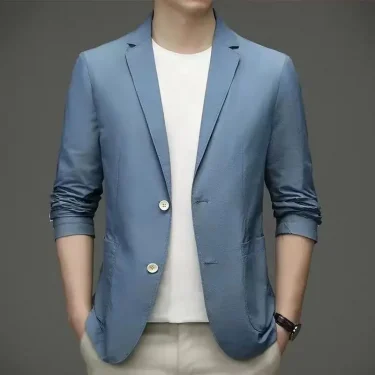 Spring Summer Men Ice Silk Thin Casual Sunscreen Blazer Fashion Casual Male Clothes Long Sleeve Big Size Slim Solid Blazers Coat 1