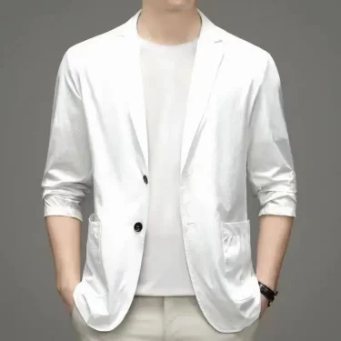 Spring Summer Men Ice Silk Thin Casual Sunscreen Blazer Fashion Casual Male Clothes Long Sleeve Big Size Slim Solid Blazers Coat 4