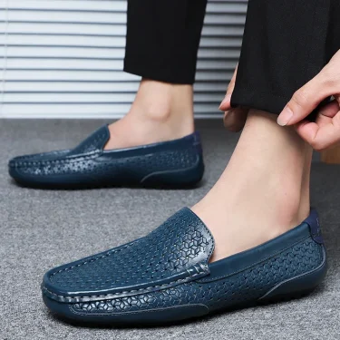 2025 Summer Men Casual Shoes Luxury Brand Genuine Leather Mens Loafers Moccasins Hollow Out Breathable Slip on Driving Shoes 3