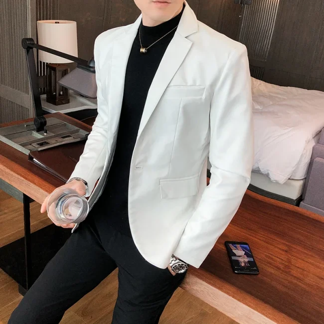 Blazer Hombre PU Leather Jackets Men Fashion Solid Slim Fit One Button Business Casual Blazers For Men Korean style Suit Jacket 4