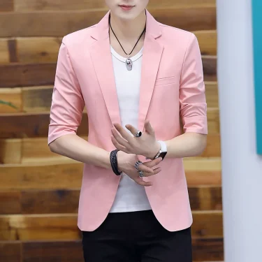 Summer Silk Smooth Solid Color Jacket Blazers 3/4 Sleeve Suit Formal Dress Youth Medium Sleeve Suit Male Slim Korea Style Suit 2