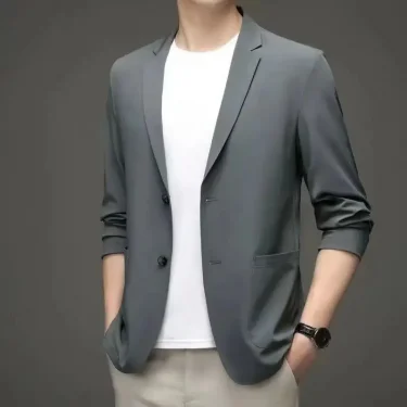 Spring Summer Men Ice Silk Thin Casual Sunscreen Blazer Fashion Casual Male Clothes Long Sleeve Big Size Slim Solid Blazers Coat 3