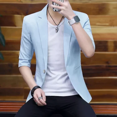 Summer Silk Smooth Solid Color Jacket Blazers 3/4 Sleeve Suit Formal Dress Youth Medium Sleeve Suit Male Slim Korea Style Suit 1