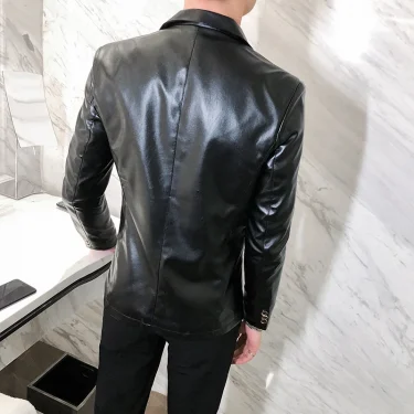Blazer Hombre PU Leather Jackets Men Fashion Solid Slim Fit One Button Business Casual Blazers For Men Korean style Suit Jacket 3