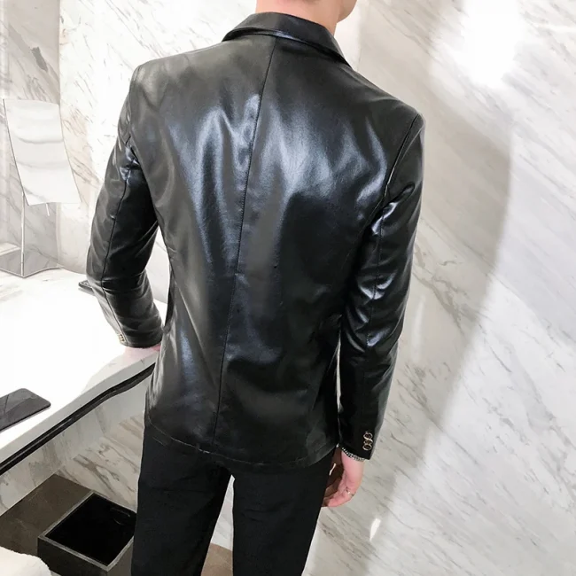 Blazer Hombre PU Leather Jackets Men Fashion Solid Slim Fit One Button Business Casual Blazers For Men Korean style Suit Jacket 3