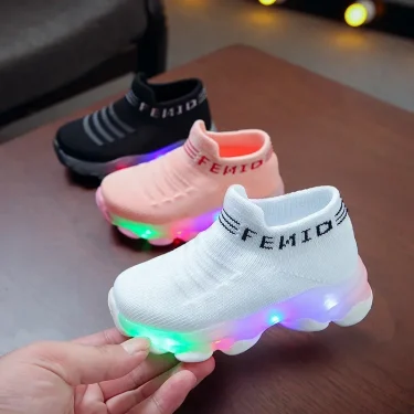 Kids Sneakers Children Baby Girls Boys Letter Mesh Led Luminous Socks Sport Run Sneakers Shoes Sapato Infantil Light Up Shoes 2