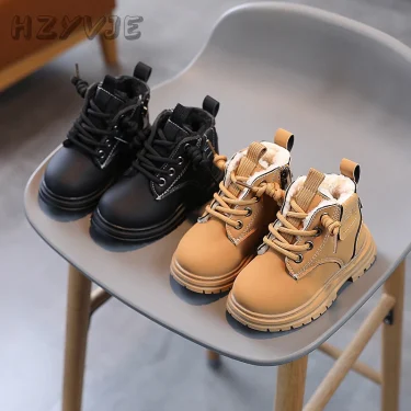 New Children's Fashion Boots Winter Thickened Boys Girls' Anti Slip Warm Leather Boots Side Zipper Solid Color Kids Casual Shoes 2